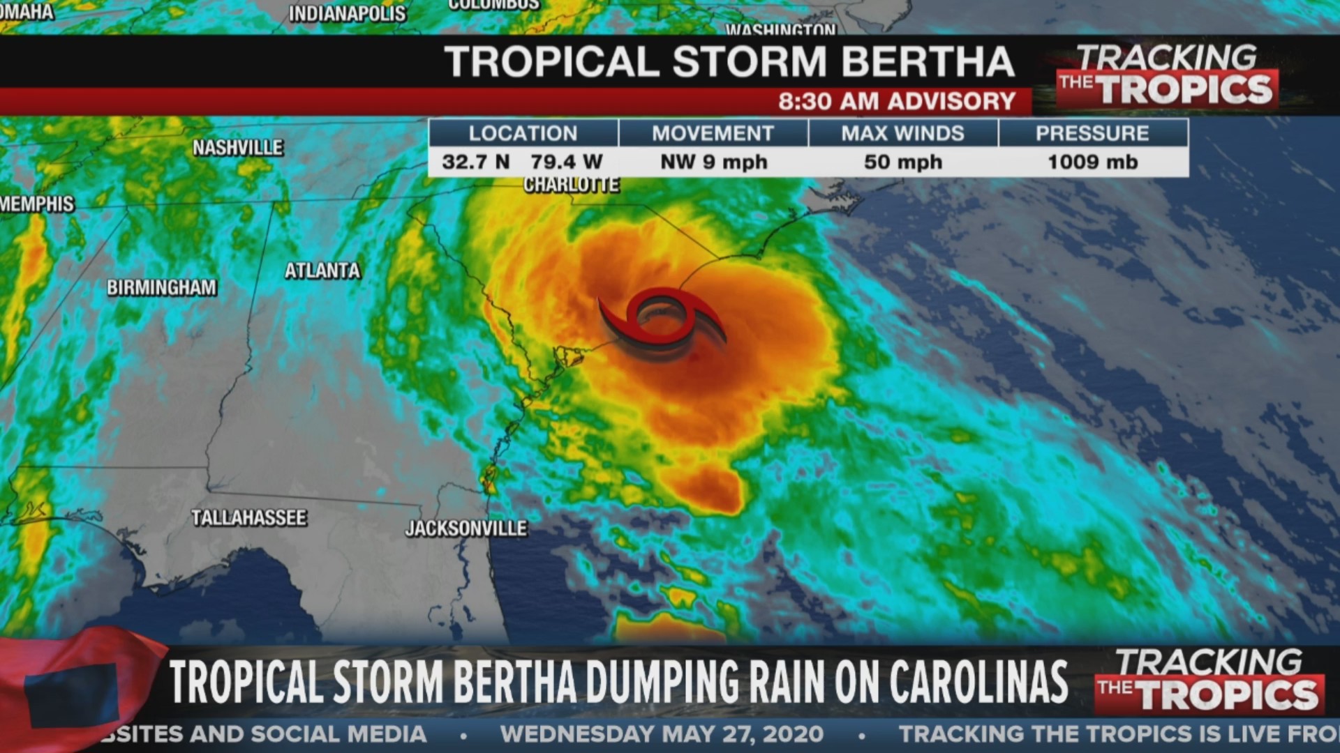 Thumbnail for the video titled "Tropical Storm Bertha makes landfall along coast of South Carolina"