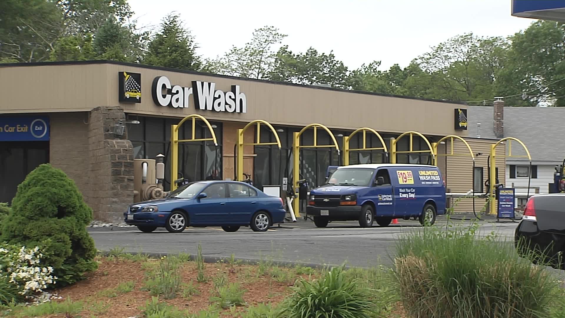 Thumbnail for the video titled "Car crashed into Golden Nozzle Car Wash in East Longmeadow"