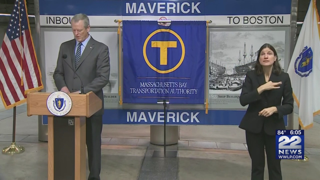 Thumbnail for the video titled "Massachusetts coronavirus update: Governor Baker tours MBTA Blue Line"
