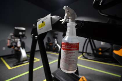 Disinfectant spray has been attached to a machine at Sonoma Fitness in Petaluma.