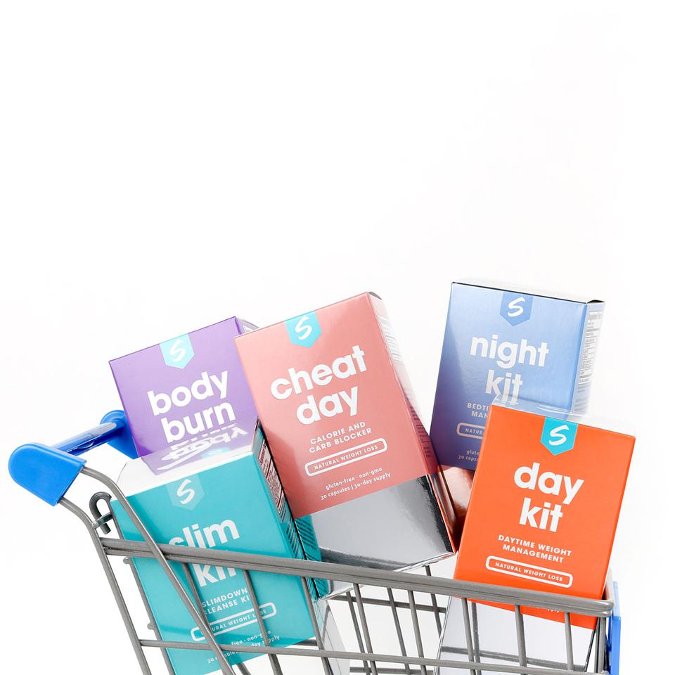 Five of the company's products are shown on a cart: body burn, cheat day, night kit, day kit and slim kit.