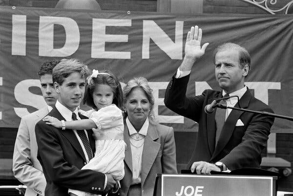 Senator Joe Biden with his wife, Jill, and children, from left, Robert Hunter, Joseph III, and Ashley, after declaring his candidacy for president in Wilmingon, Del., in 1987.