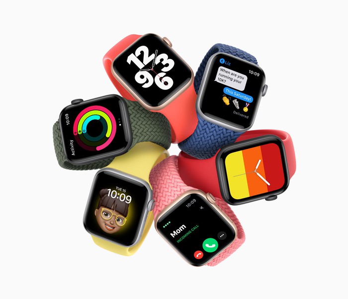A cluster of Apple Watch SE models